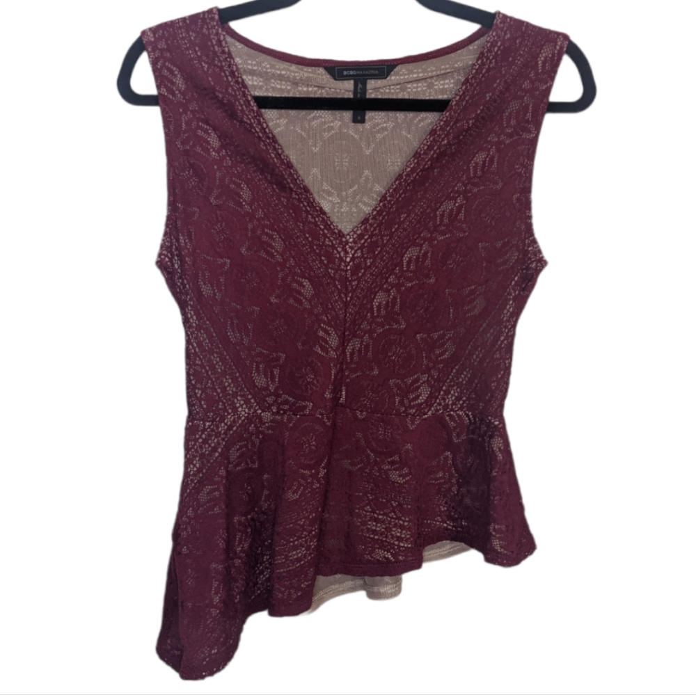 BCBGMaxazria Red Lace Asymmetrical Hem Top